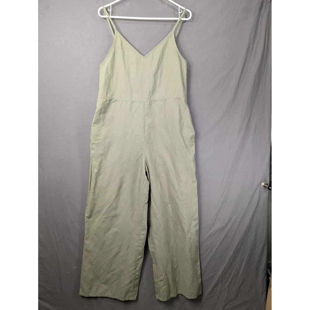 Uniqlo Womens Linen Blend V-Neck Camisole Jumpsuit Olive Green Medium